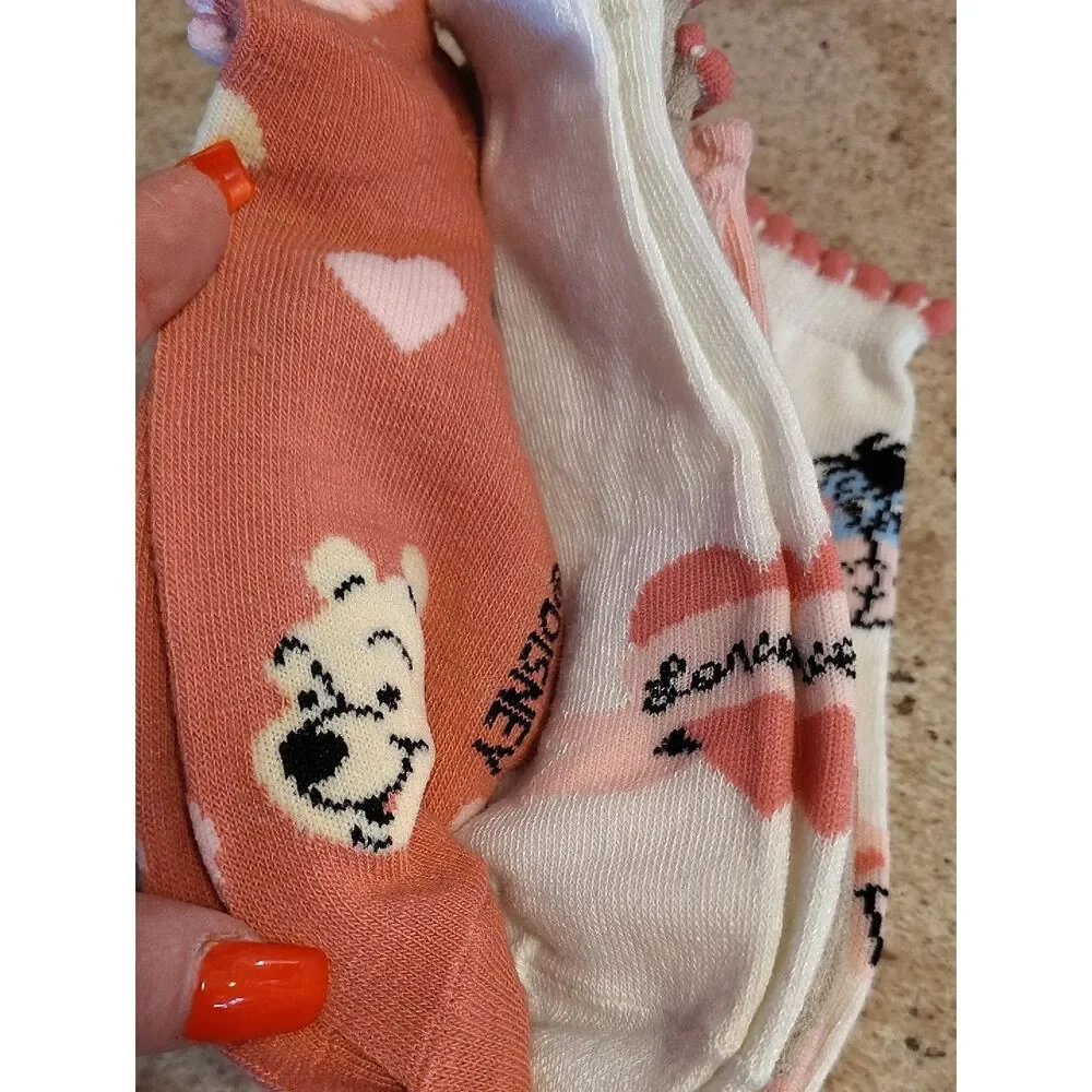 Disney Pink‎ White Winnie the Pooh 5 Pairs Ruffled Ankle Socks NWT